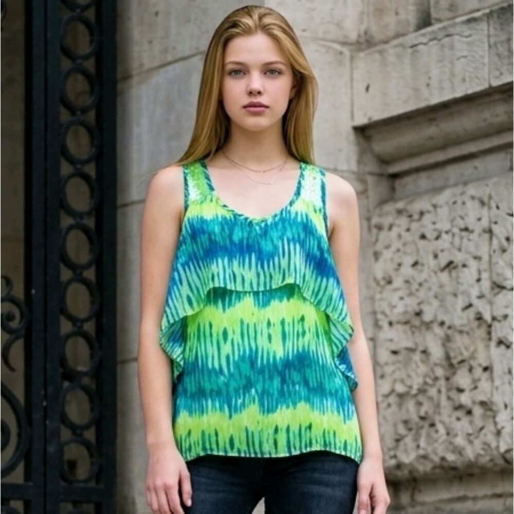 Cute Sequin Tie Dye Tank Top Girls Large 10/12 Chiffon Neon Green Sleeveless